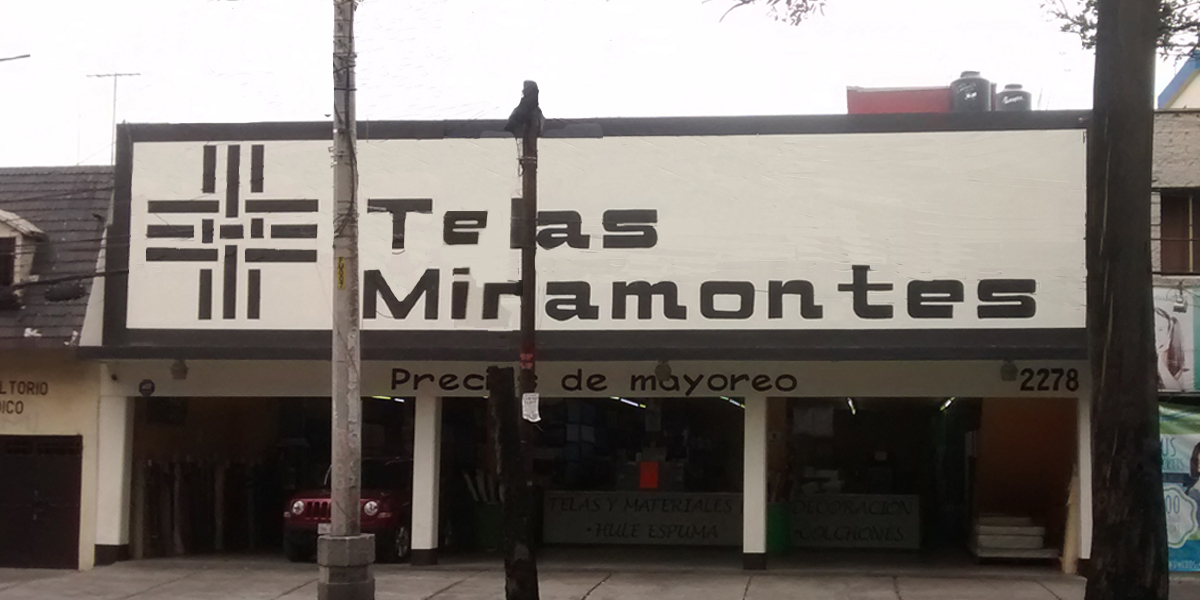 Fachada de tienda de telas en Alamos, colonia Avante, CDMX, surtido por mayoreo